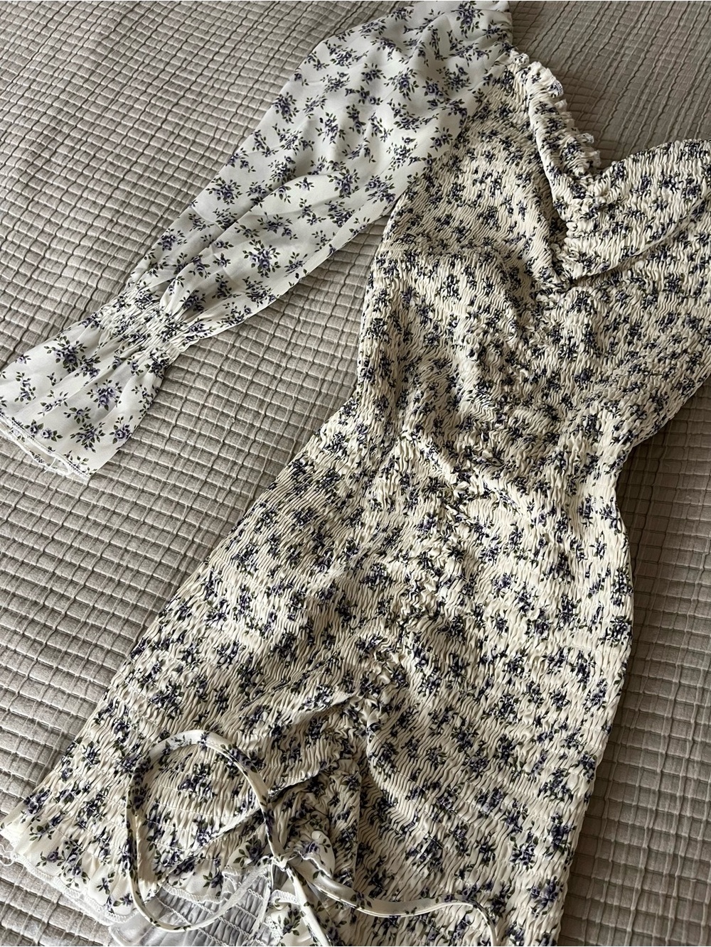 Smocked Floral Long-Sleeve Mini Dress - Cream/Purple - Picture 2 of 9
